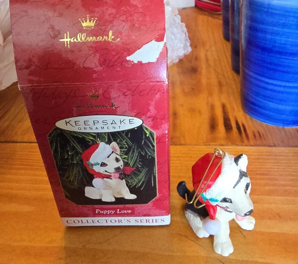 Hallmark White and Black Puppy Santa Hat Ornament
